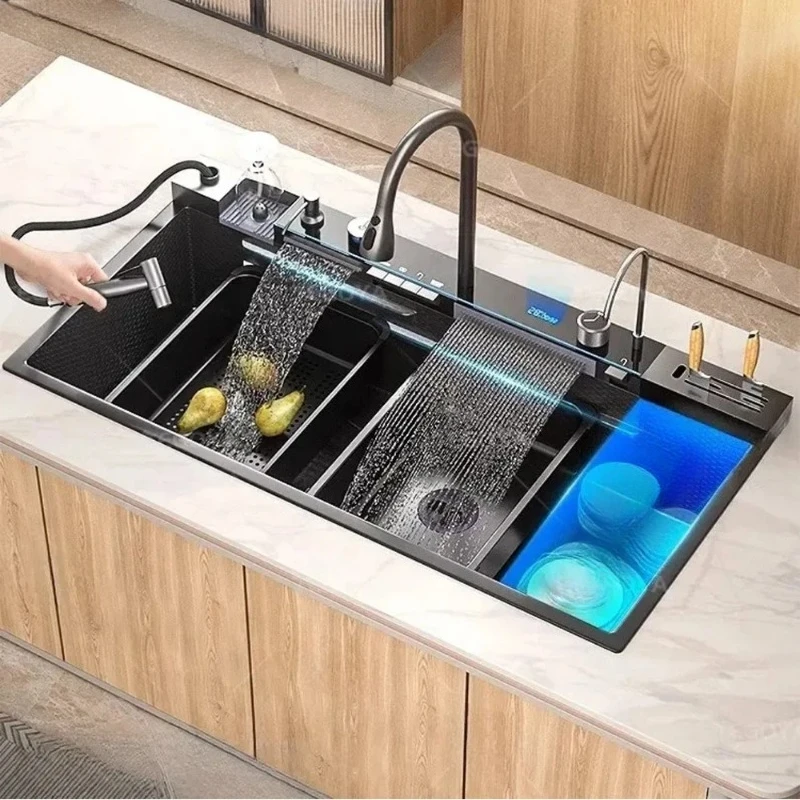 

100cm Modern China Luxury Multifunctional 304 Stainless Steel Smart Waterfall Single Bowl Kitchen Sinks