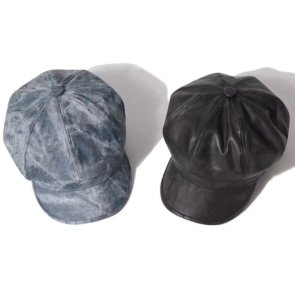 

Elegant British Style Pu Leather Beret Autumn Winter Black Brown Painter Hat Casual Octagonal Cap Women's Beret Streetwear