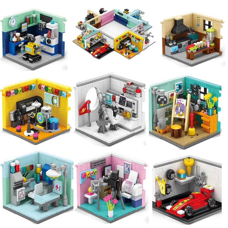 1 PC Mini Street View Dreams House Racer Car Doctor Painter Musician Scientist Pastry Chef Cameraman Astronaut Building Blocks