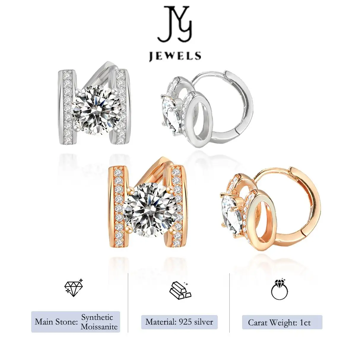 【JYJZZ197】Synthetic Moissanite S925 Sterling Silver Alphabet Earrings Buckles Golden Silver 1CT Two Tone Fashion Light Luxury Pr