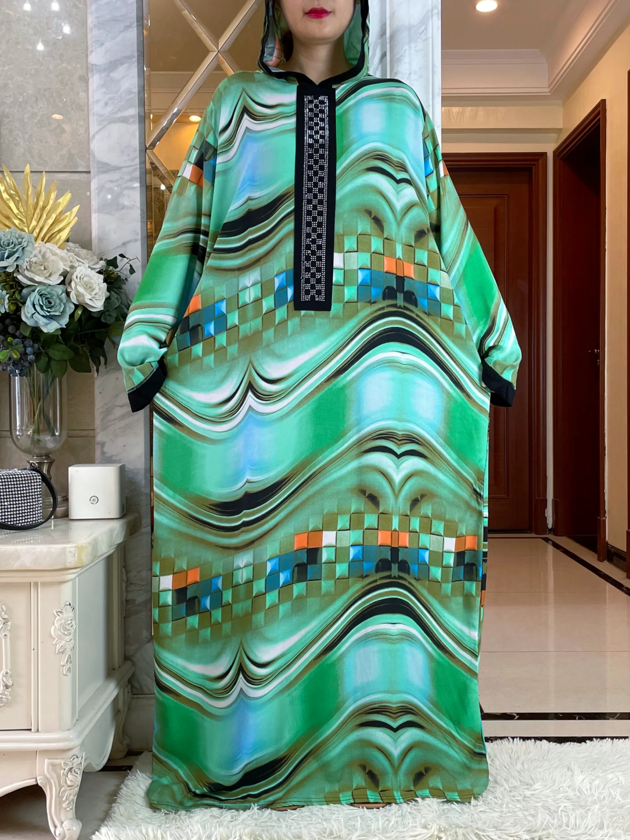 2023Latest Dubai Long Sleeve African Women Dress Hat one-piece  Printing  Cotton Elegant Summer Maxi Casual  Elegant Loose Abaya