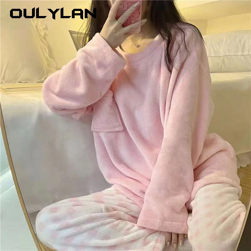 Winter New Flannel Sleepwear Thickening Round Neck Long Sleeve Women\'s 2 Pieces Set Cute Square Printing Home Suit for Women