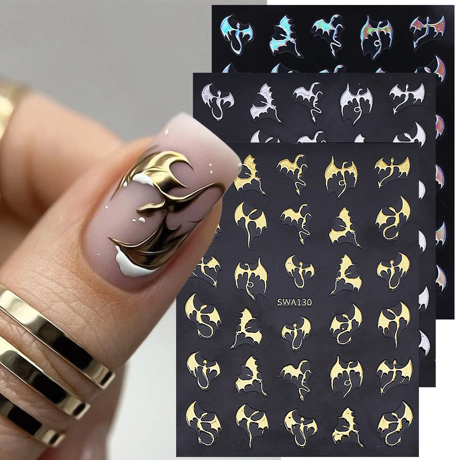 3 Stück Metallic Flying Dragon Nails Aufkleber Gold Silber Laser Flying Devil Bat Design Nagelaufkleber DIY Halloween Maniküre Dekor