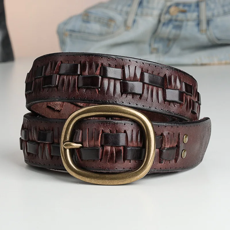 メンズトップレイヤー牛革織りヴィンテージベルトステートメントパンチングフリーコッパーバックルベルト