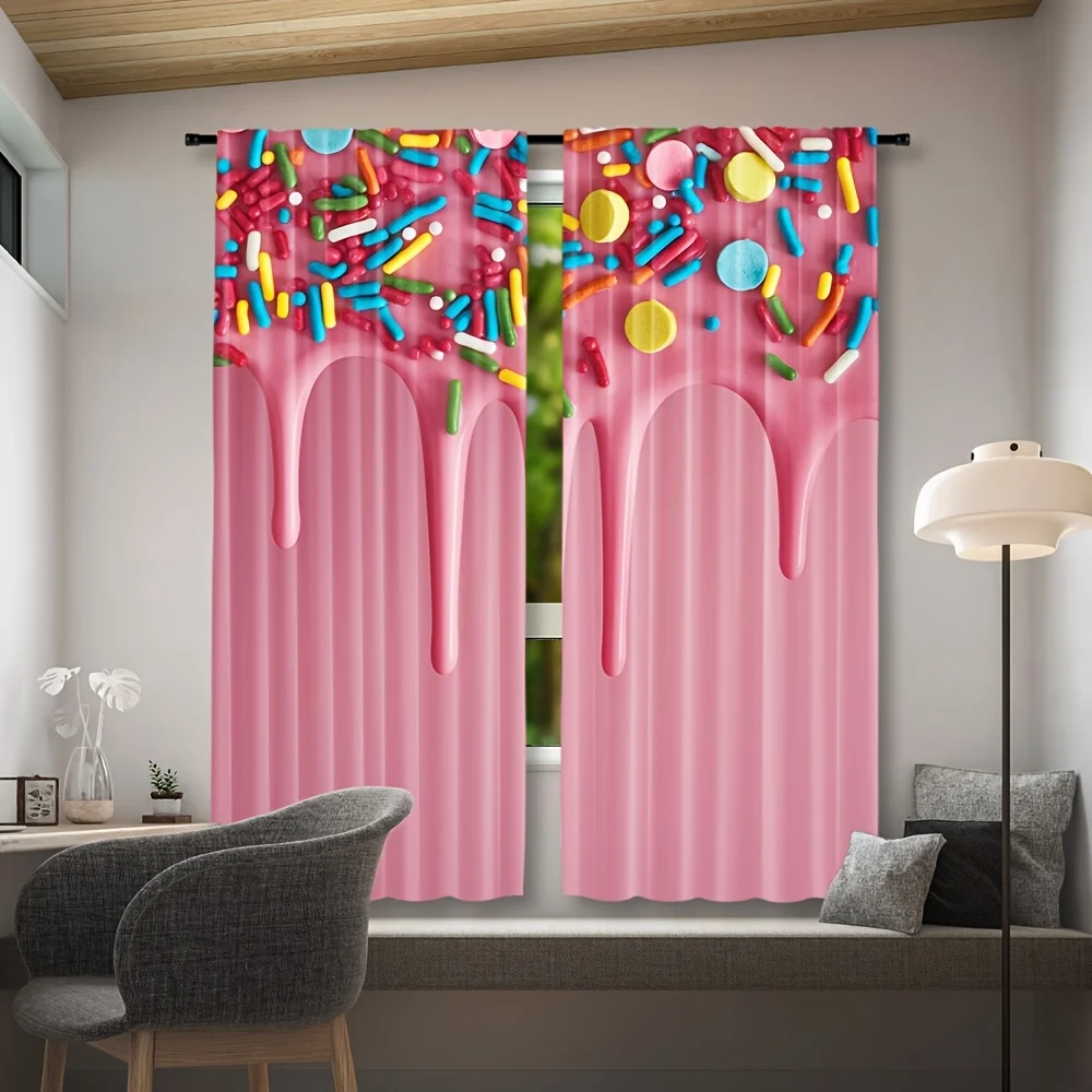 Pink Donut Curtain, Sweet Candy Sprinkle Window Drape, Cute Dessert Blackout Panel, Girls Bedroom Kitchen Home Decor