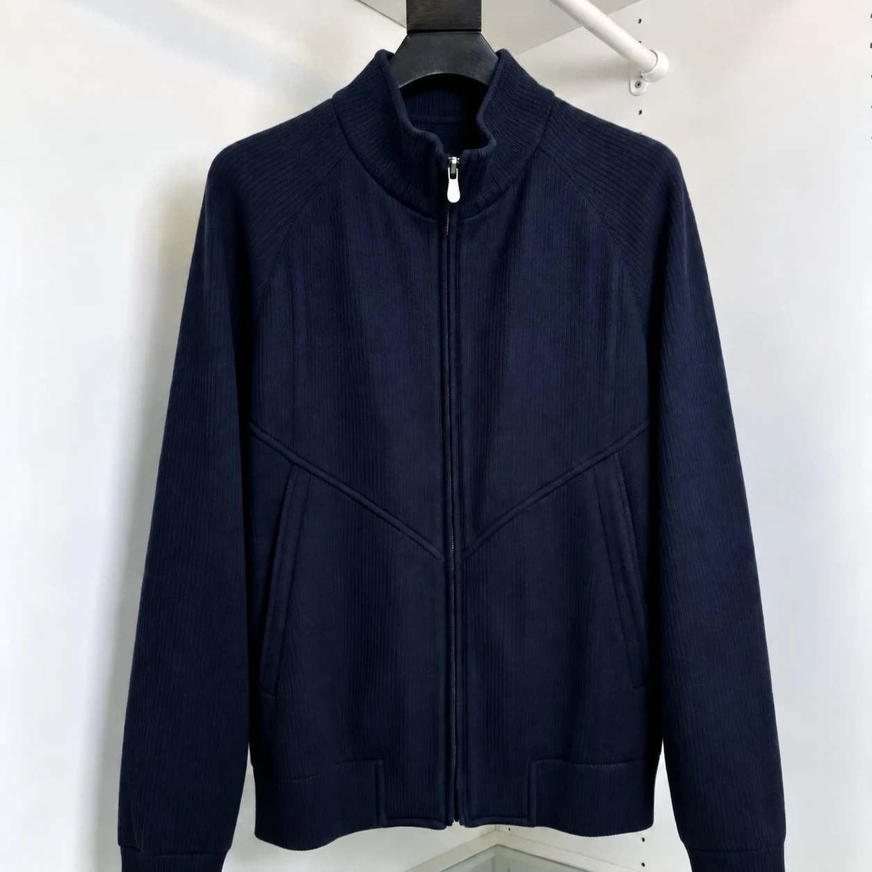 Italian BC embroidered wool stand-up neck zip-up knitted jacket