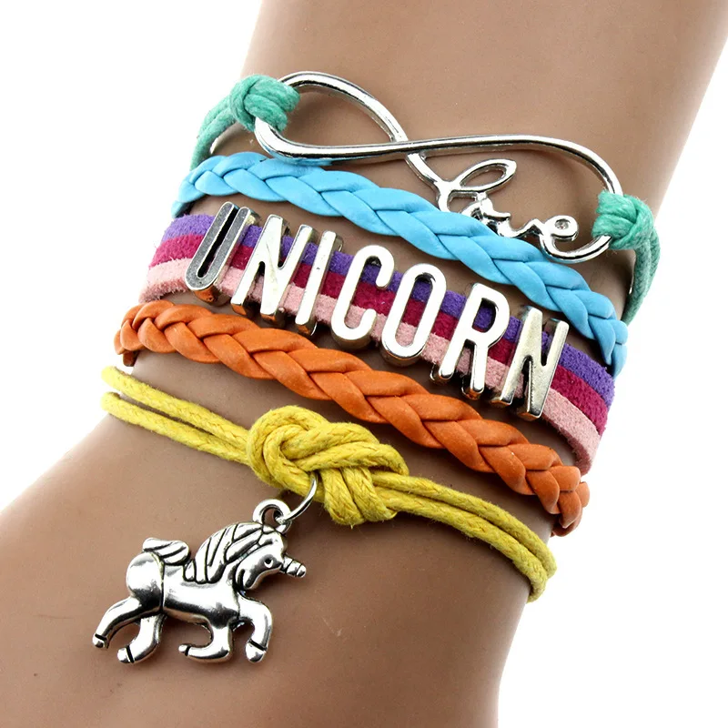 Unicorn Braided Wrap Leather Bracelet Rope Woven Pendant DIY Wristband Birthday Gift Jewelry for Women Men