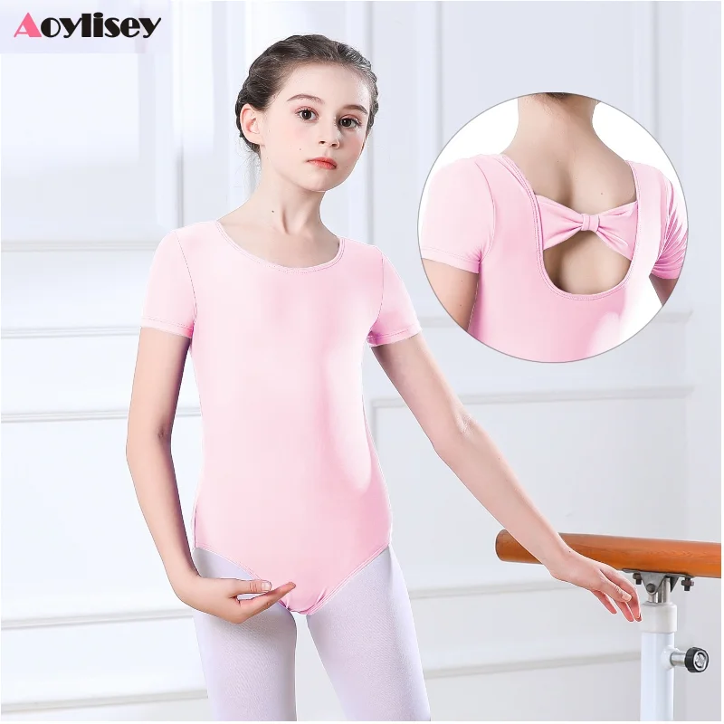 ชุดรัดรูปสำหรับเต้นบัลเลต์เด็กผู้หญิงชุดยิมนาสติกชุดรัดรูปแขนสั้นผูกโบว์กลวงเครื่องแต่งกายสำหรับการแสดงบนเวทีในงานปาร์ตี้