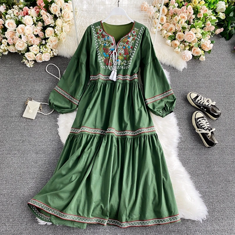 

Ethnic Style Embroidery Vintage Women's Dress V-neck Tassel Fashion Robe 2022 New Summer Autumn Long Sleeved Female Vestidos