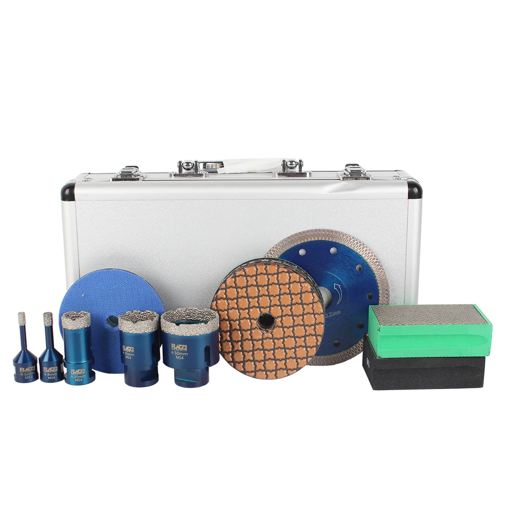 Vacuum Brazed Dry Diamond Core Drill Bit Set Tile Hole Saw Cutting Blade Polishing Pad Kit for Porcelain Ceramic Granite Marble