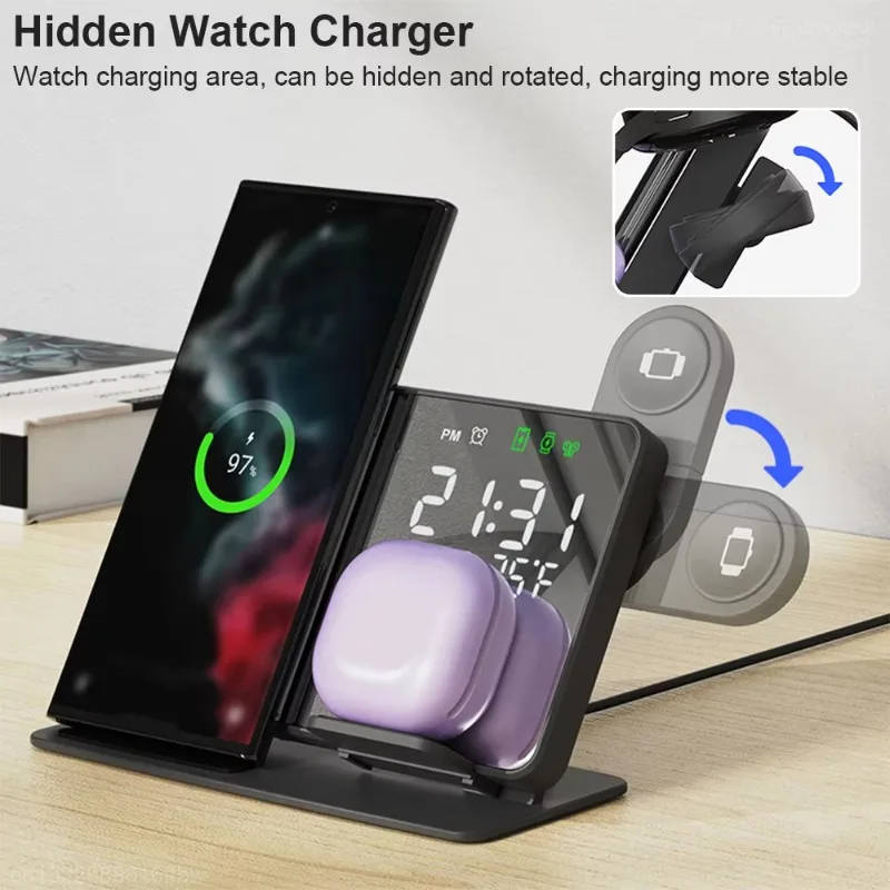 

3 in 1 Fast Wireless Charger for Apple Samsung Galaxy Watch 6 5 Pro S22 S23 S24 Charging Station Alarm Clock Phone Charger Stand
