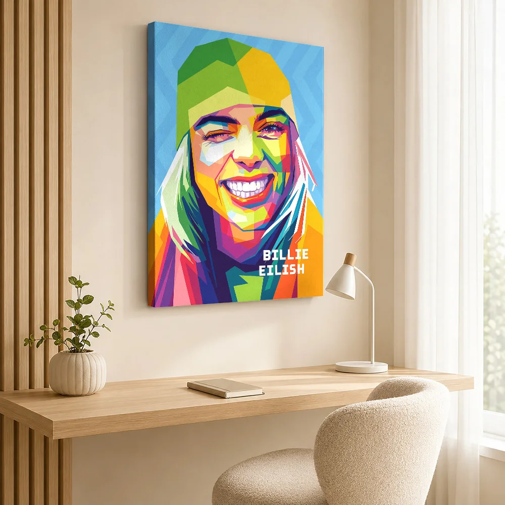Billie Eilish Portrait Framed Canvas Print Customized Photo Geometric Color Blocking Wall Art For Record Shop Listening Area
