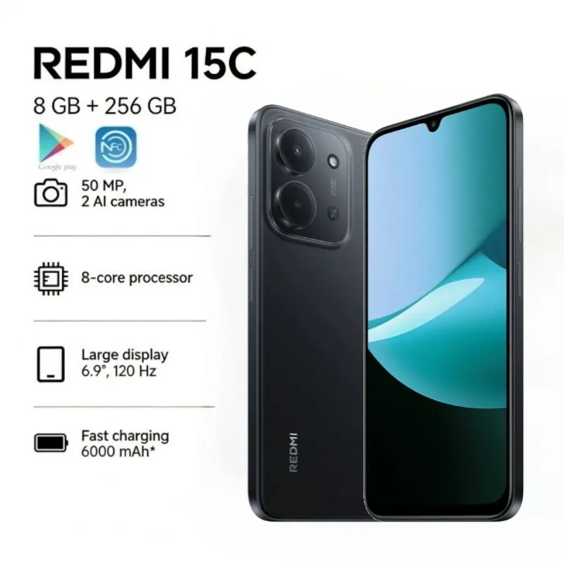 2026 new REDMI 15C Global Edition Redmi 15C 5G 8+256GB Smartphone: Ultra-slim 6000mAh smartphone with long battery life