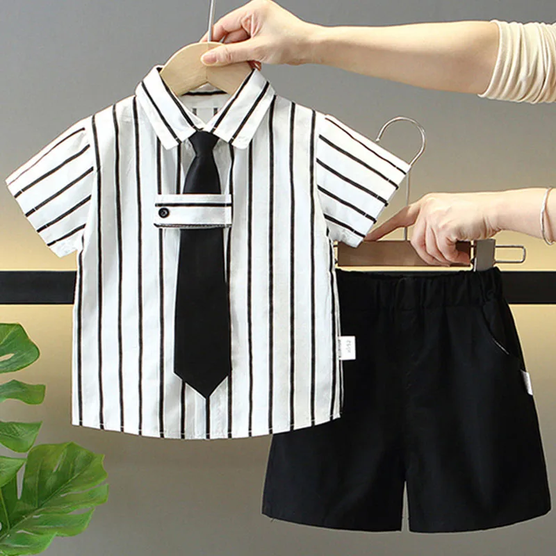 

Summer Toddler Boy Outfits Korean Fashion Stripe Tie Stripe Short Sleeve Cotton Baby Tops+Shorts Boutique Kids Clothing Set B013
