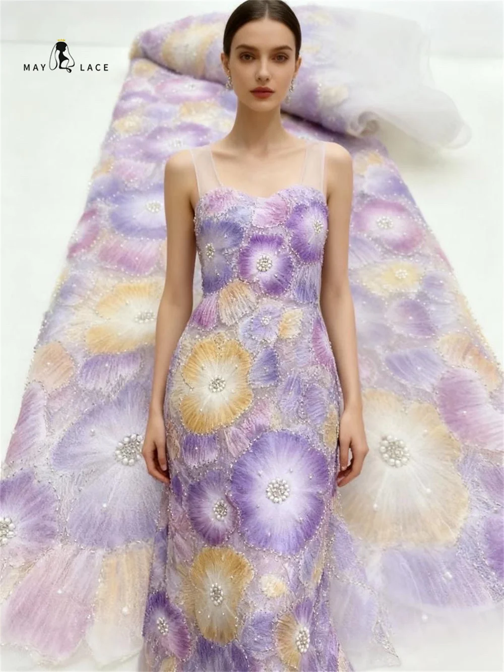 

African Luxury Sequins 2025 Latest Hot On Sale African French Chiffon Party Lace Fabric Tulle Nigerian Beads Fabric For Wedding