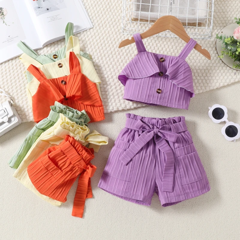 1-6Y Kids Girl Summer Clothes Sets Solid Color Ruffle Button Cami Tops with Belted Shorts Outfits Children Fashion Outfits Set