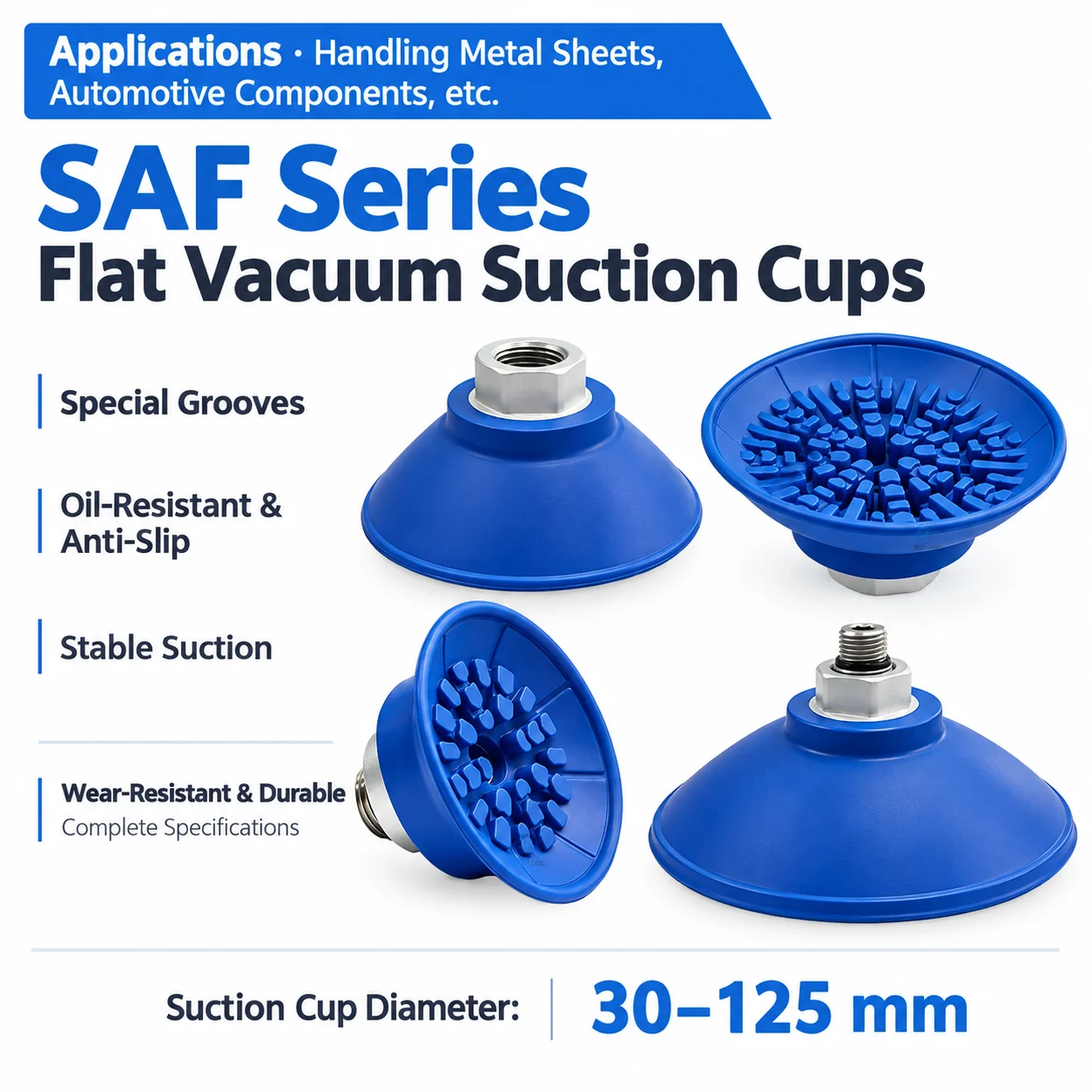 SAF Flat Vacuum Suction Cups SAF30/40/50/60/80/100/125 Industrial Rubber Suction Pads with G1/8 G1/4 G3/8 Fitting