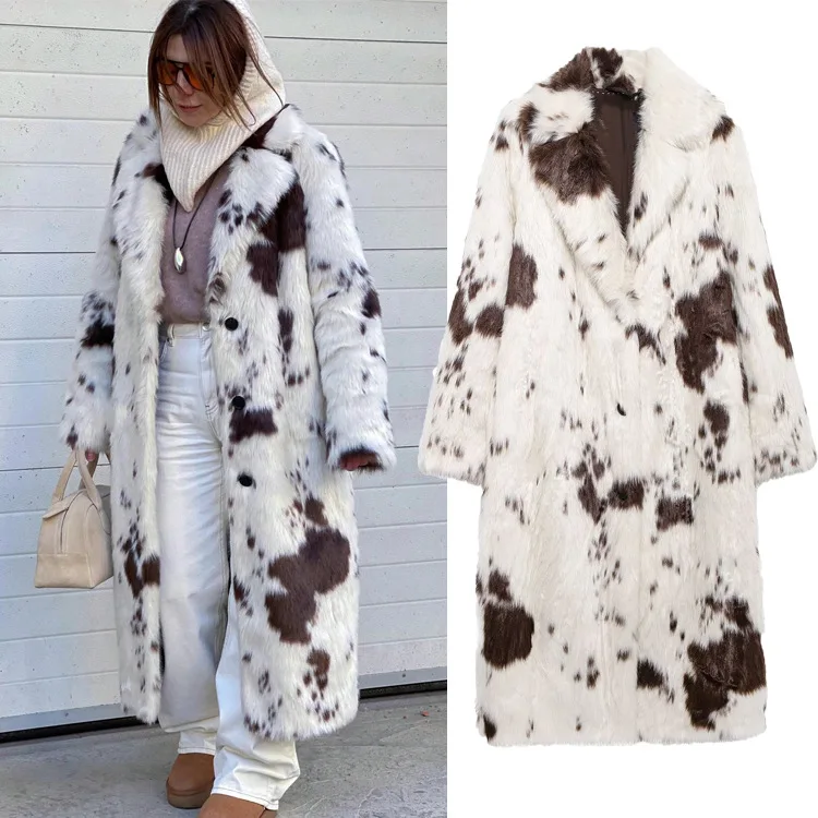 Animal Print Women Faux Fur Coat Long Notched Collar Furry Jacket Streetwear Loose Plush Coat Winter Long Sleeve Flurry Overcoat