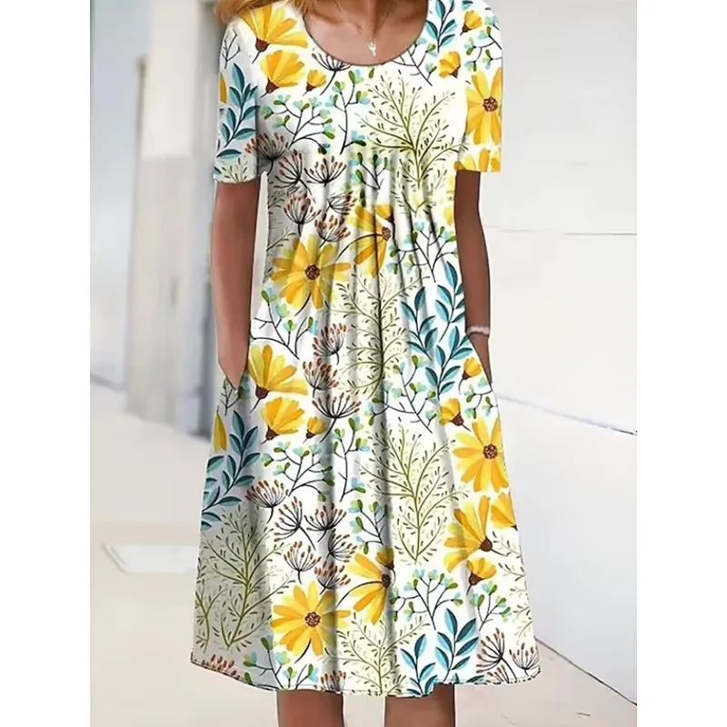 2025 primavera verão vestido feminino moda casual confortável férias floral impressão o-pescoço bolso vestidos de comprimento médio