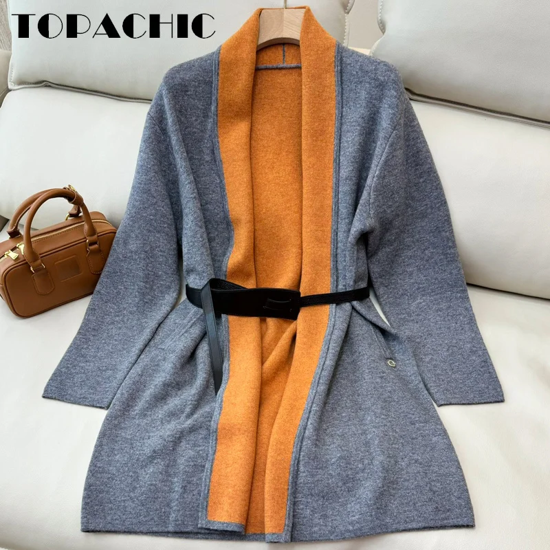 9.4 TOPACHIC Women\'s Elegant Double-Suede Spliced Color Lapel Wool Knit Cardigan Leather Sashed Collect Waist Long Knit Coat