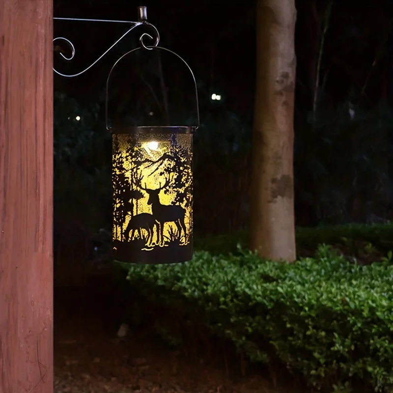 Solar Lantern Deer And Forest Pattern Hollow Projection Light Outdoor Garden Decor Threshold Courtyard Landscape Terrace Lamp