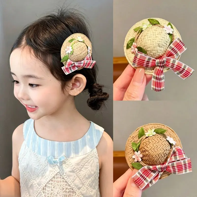 Creative Hair Clips Summer Cute Woven Straw Hat Hairpins for Baby Girl Sweet Kids Barrettes Fashion Hair Accessories Headdress