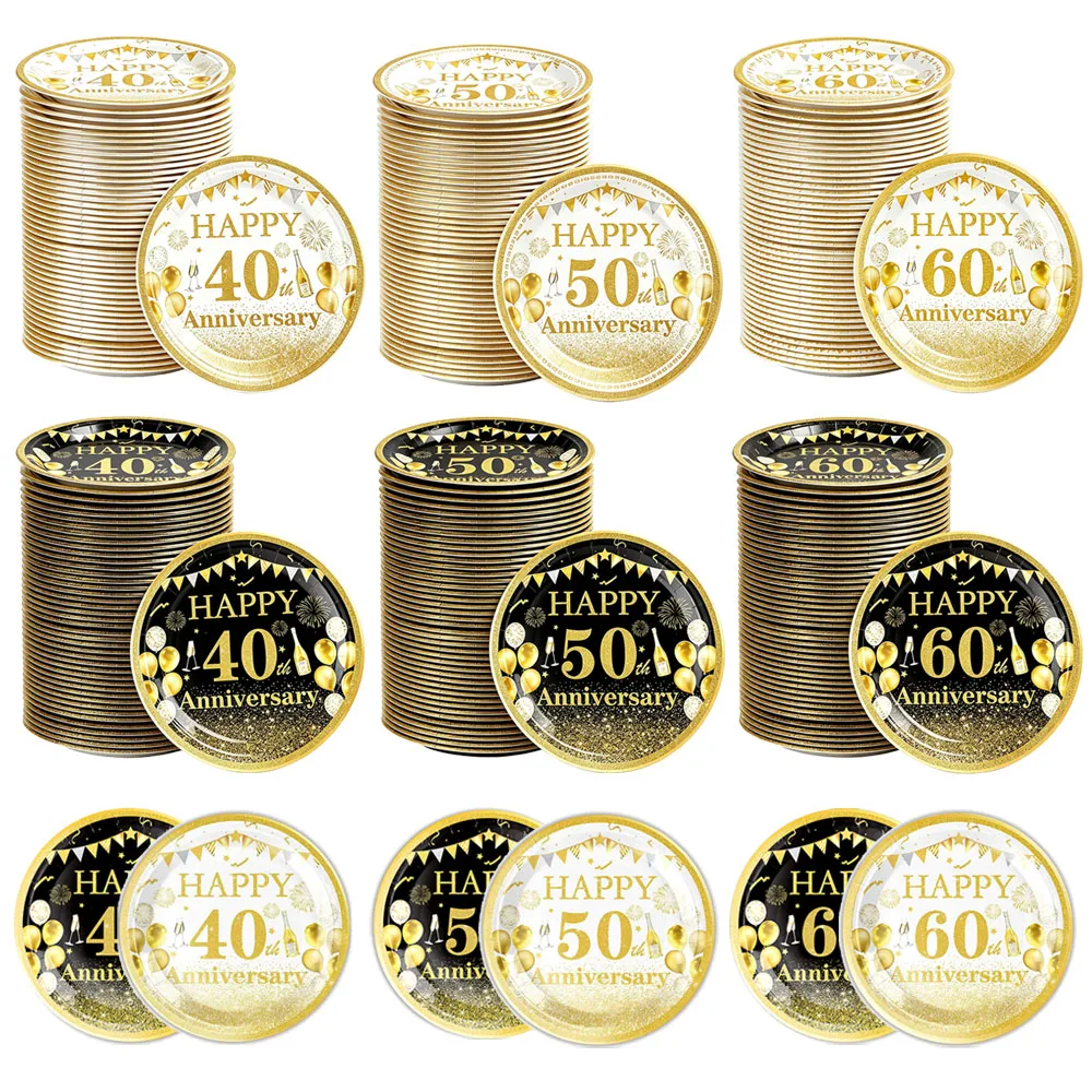 10-100 Stück Schwarz Gold Weiß Golden Einweg 7-Zoll-Pappteller für Männer Frauen Erwachsene 40. 50. 60. Geburtstagsfeier Dekoration