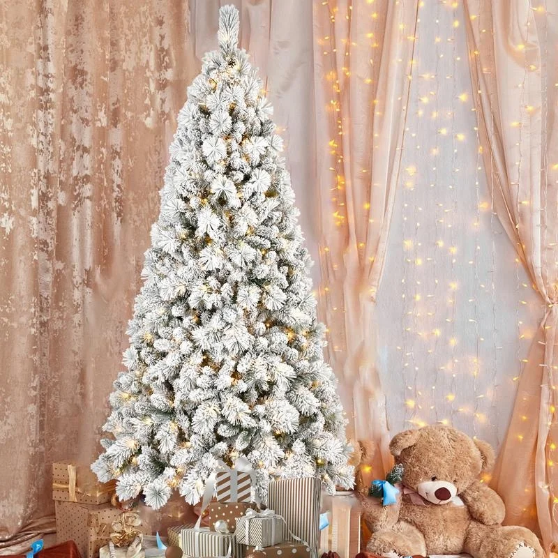 

7FT Flocked Christmas Tree with 450 Warm White LED Lights, 1060 Tips, Snowy PVC & Hard Needle Branches, Hinged Design, Sturdy Metal Stand – Full Realistic Holiday Tree