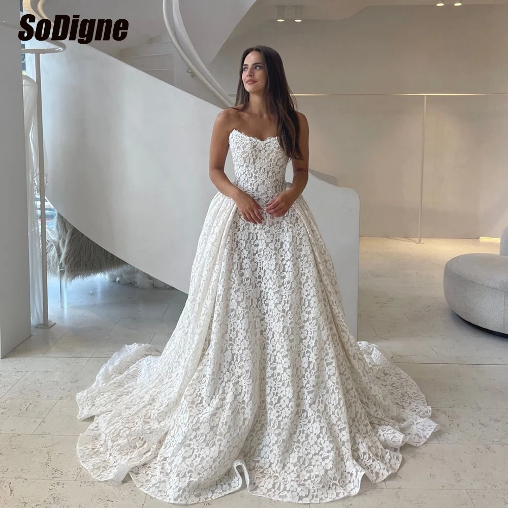 

SoDigne A-line Lace Boho Wedding Dress Sleeveless Strapless Bride Dresses Long Bridal Gowns vestidos de novia Customized