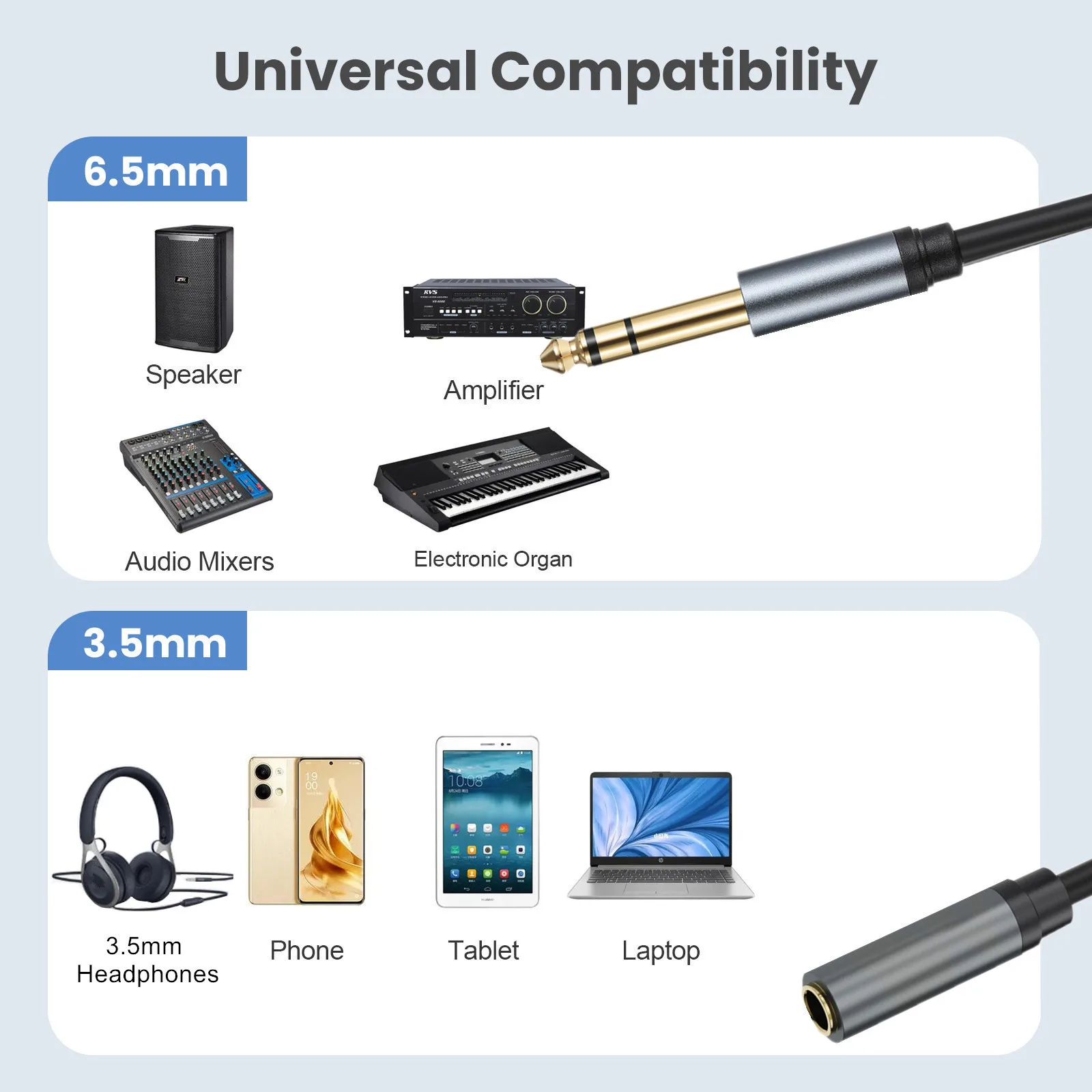 1/4 to 3.5mm Headphone Adapter TRS 6.35mm 1/4 Male to 3.5mm 1/8 Female Stereo Jack Audio Adapter Cable。