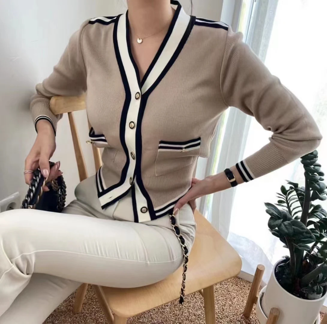 Striped Edge Korean Chic Knitted Sweater Cardigan Women Vintage Workwear Ladies Tops Knitwear Long Sleeve V-neck Jumpers 2022