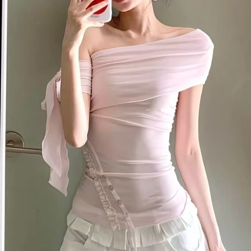 

Deeptown Elegant Sweet Pink T-shirts Women Off Shoulder Korean Fairycore Coquette Shoujo Girl Aesthetic Lace Up Asymmetrical Top
