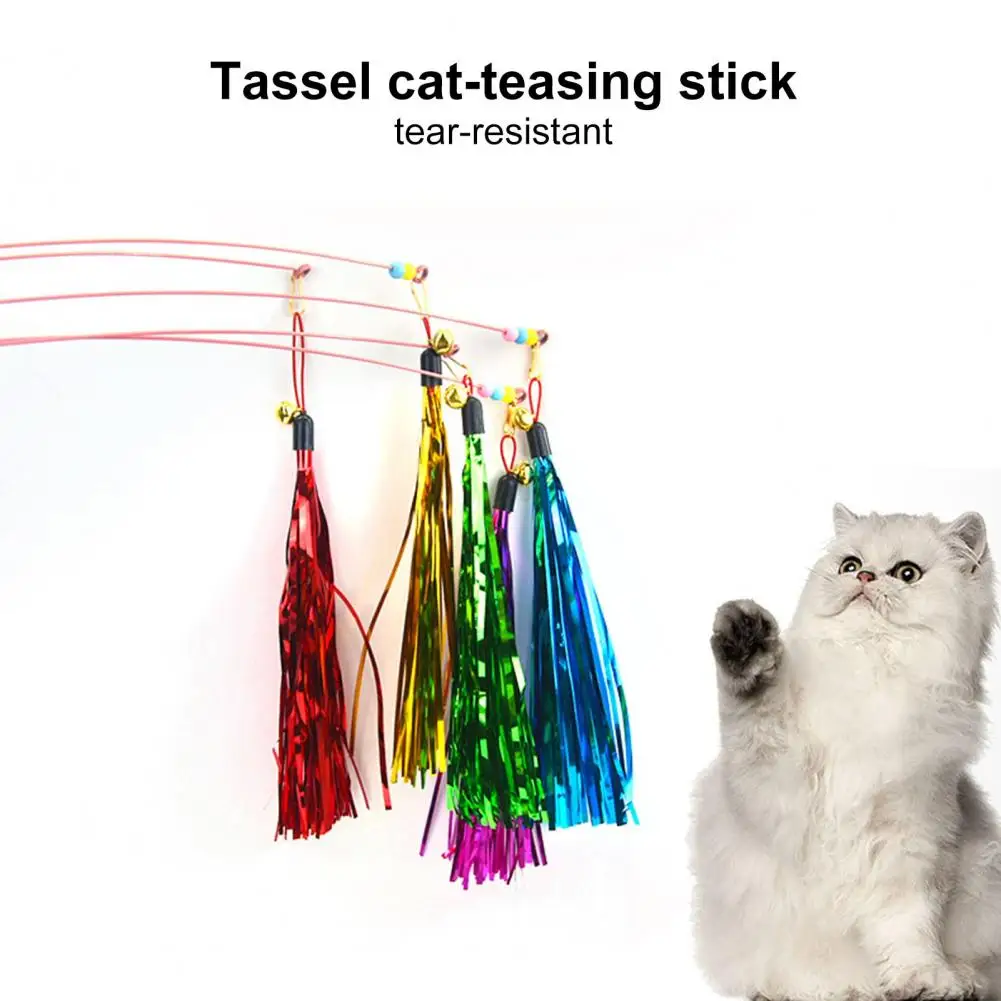 Cat Teasing Stick Comfortable Grip Cat Toy Cat Teaser Toy Bright Colored Wand with Bell Tassel Durable Pet-friendly for Kitten