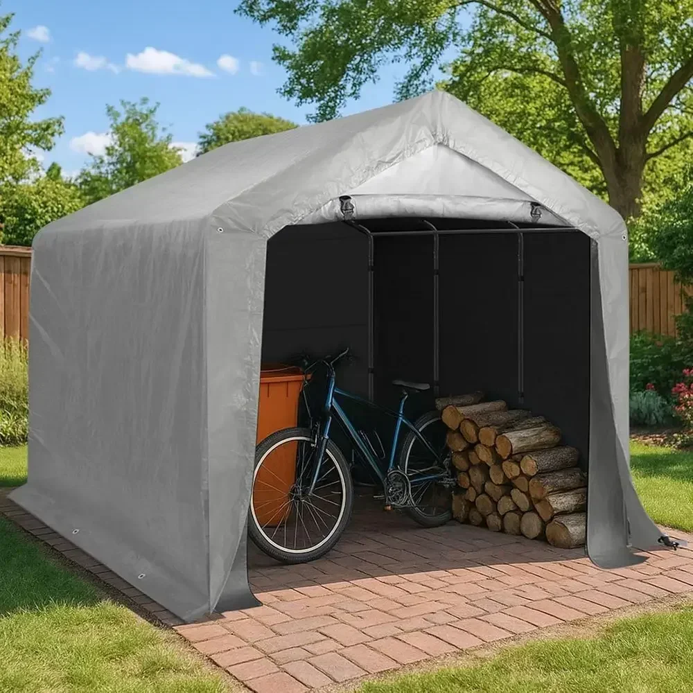 Durable Outdoor Storage Shed with Roll-Up Door, Weatherproof Bike Tent, Carport, and Garden Tool Shelter (Gray, 8x12x6.8ft)