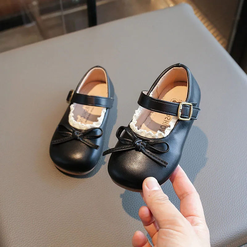Girls Lace Bowknot Shoes Kids Shallow Mary Jane Shoe Baby Hoop Loop Leather Footwear Autumn Child Flat Shoe for 22-31