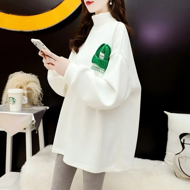 

Женская одежда, осень-зима, корейская мода, флисовая толстая теплая базовая футболка с высоким воротником, повседневная туника большого размера с длинными рукавами, топы