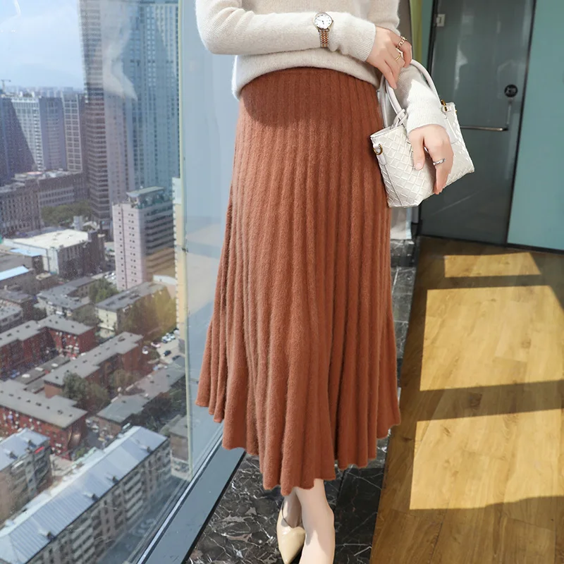 Autumn And Winter Fashion Mink Cashmere Long Waist Slim Skirt Female A-Knit Umbrella Skirt Fashion Pleated Skirt