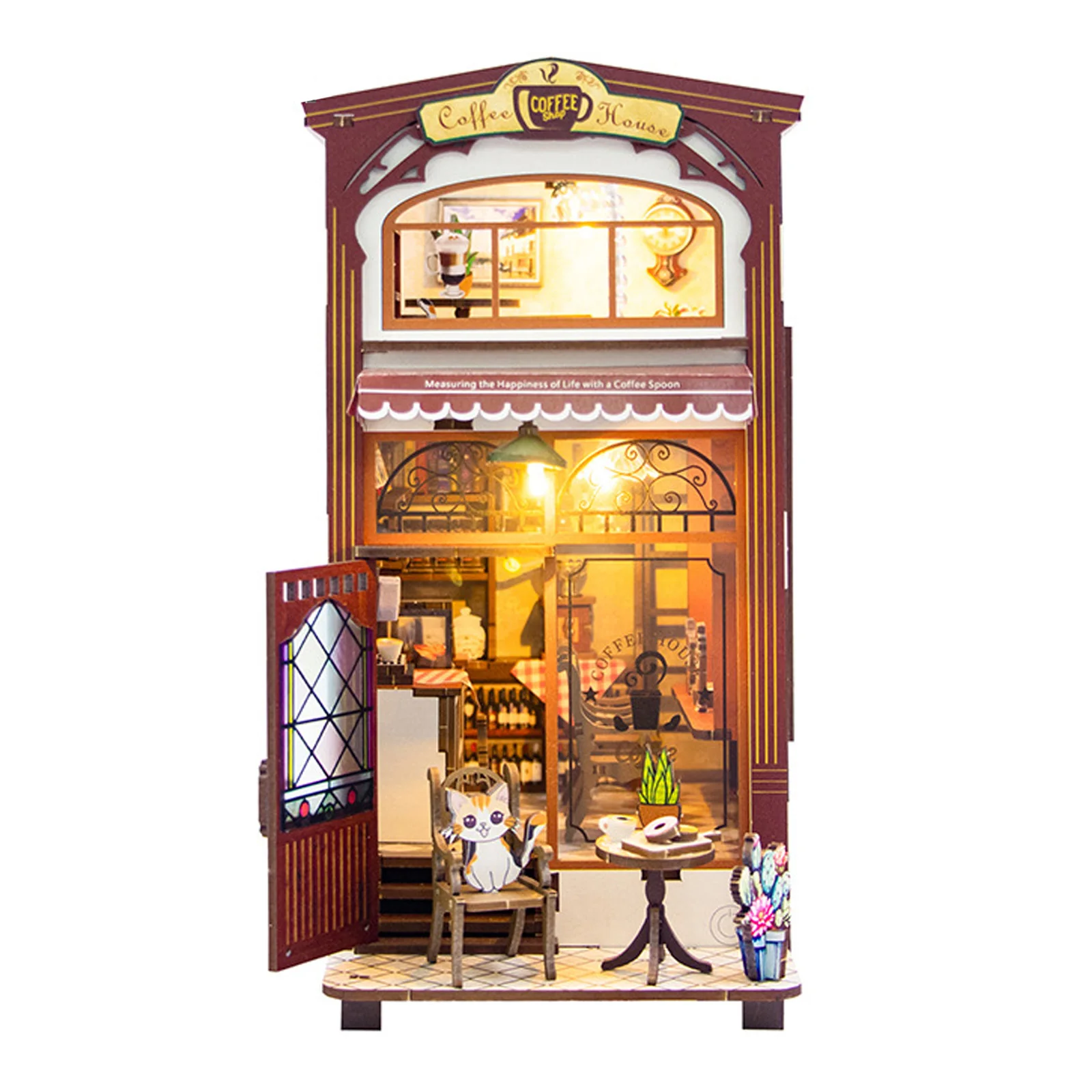 DIY Book Nook Kit with LED Light Miniature Coffee Shop Bookshelf Insert Decoration Handmade 3D Dollhouse Building Model Gift