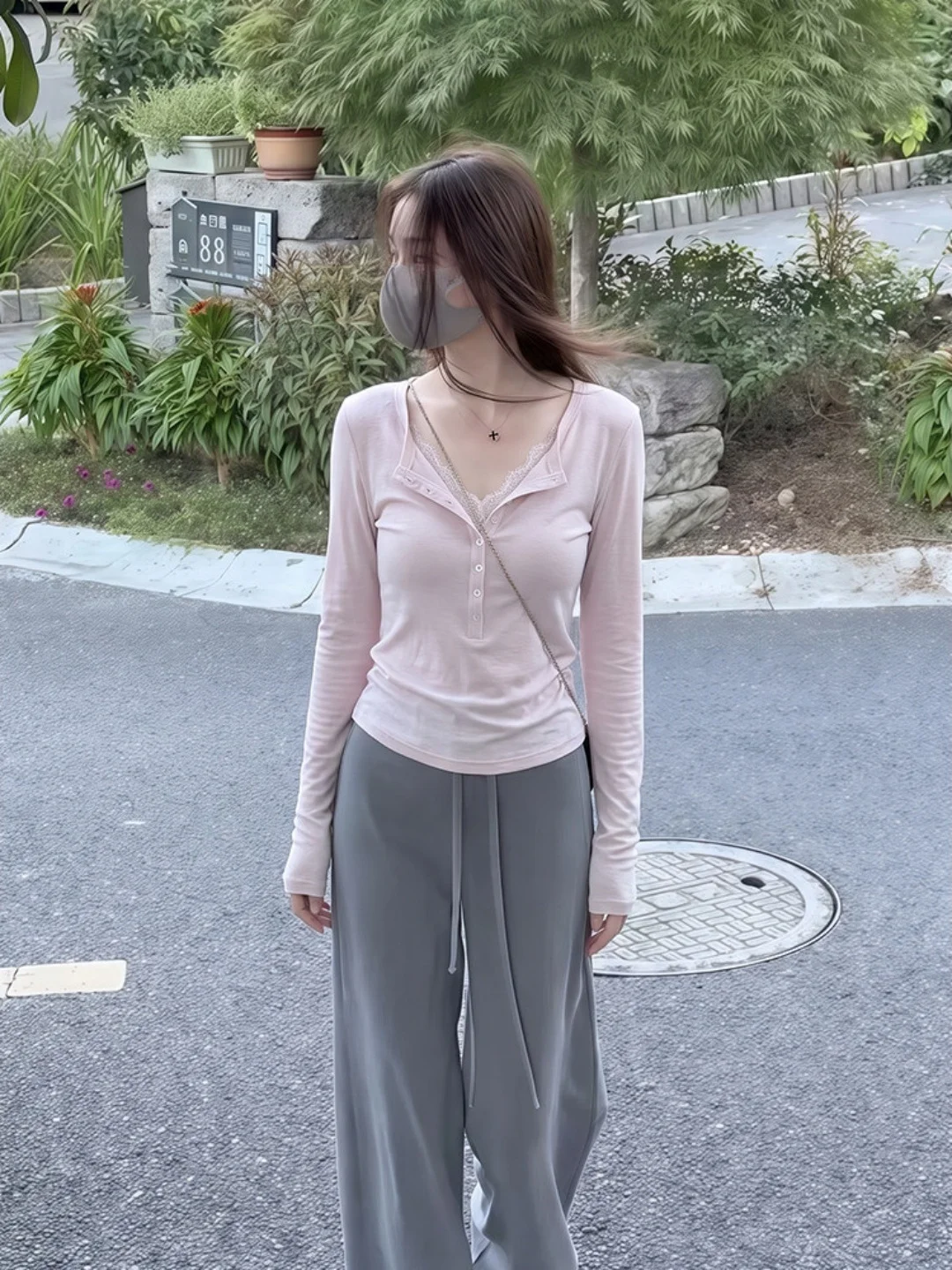Pink Long Sleeve Henry Collar Lace Trim T-Shirt Women's Sweet Style Korean Autumn Slimming Top Casual Fit Youthful Breathable