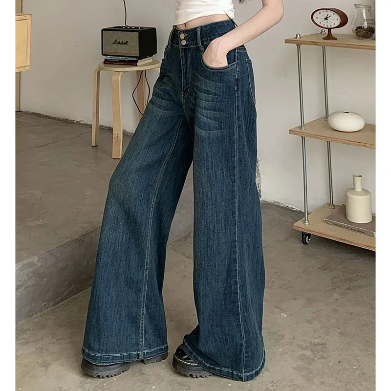 Lady Korean High Waist Casual Daily Jeans Women Retro Fashion Blue Long Pants Girls Chic Straight Leg Denim Trousers