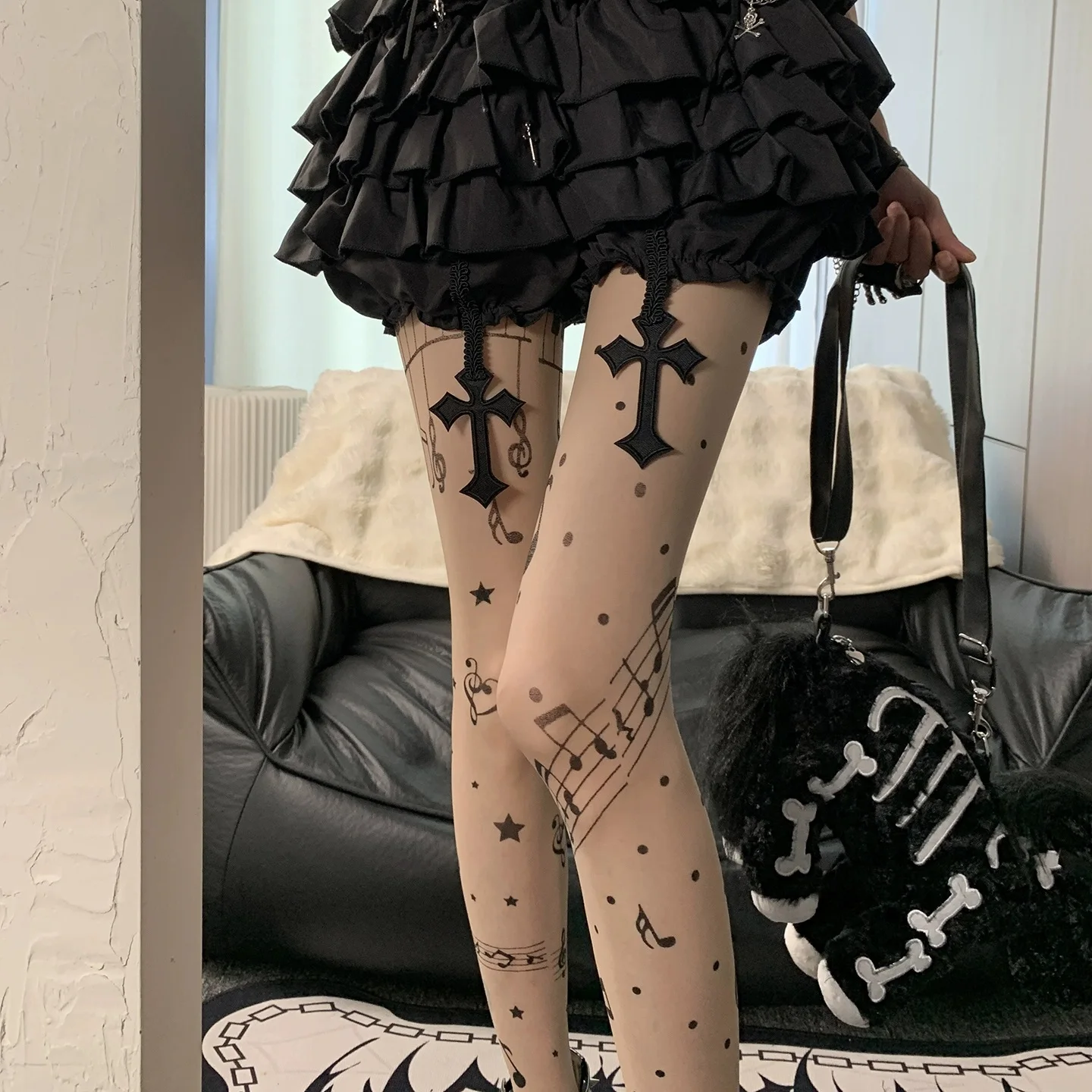 

Musical Note Printed Tights Nightclub Party Stockings Women Sexy Black Stockings Goth Stocking Thigh Highs Long Pantyhose