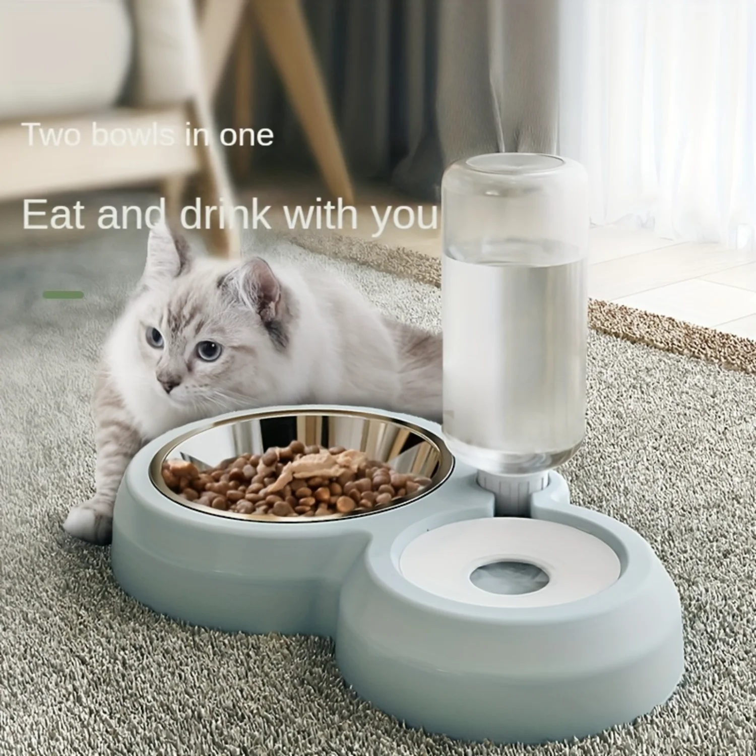 Automatic Cat Feeder and Water Dispenser Set - Dual Bowl Design for Food and Drink, Durable Plastic , Uncharged and Battery-Free