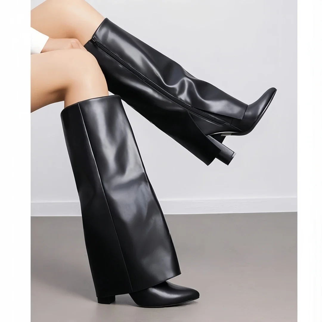 

New Pointed Straight Tube Thick Heel Knee High Women's Boots, Long Pants Boots, Autumn and Winter Mid Length Women's Boots