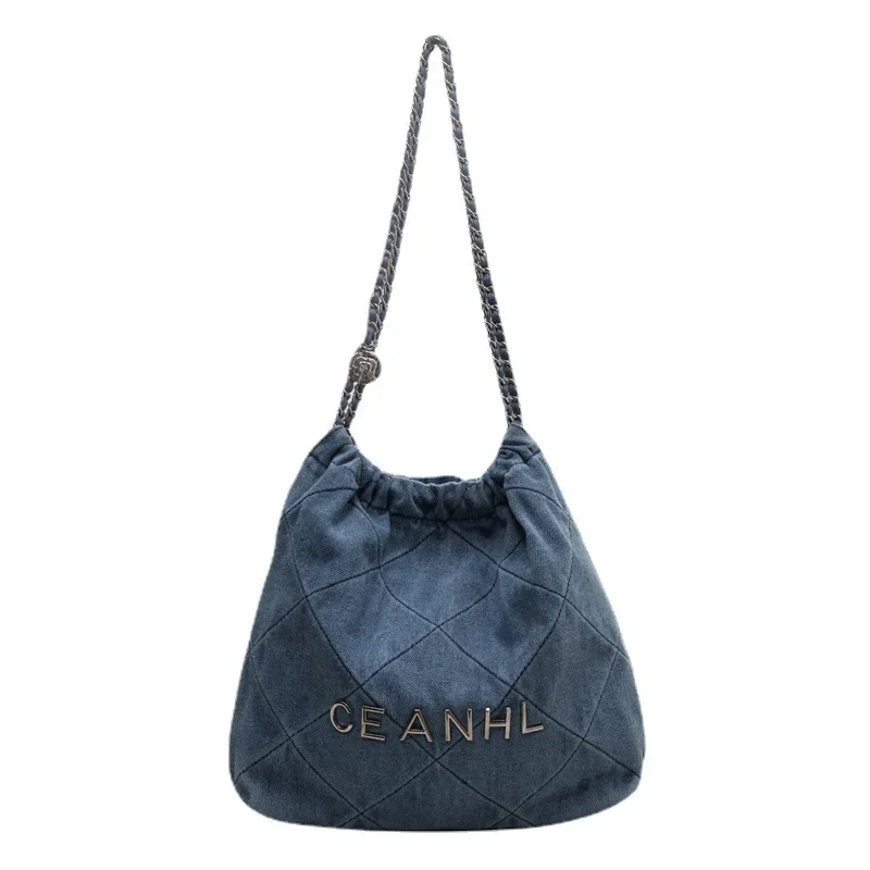 Xiaoxiang Feng Bucket Bag for Women New Style Washed Denim Bag Chain Shoulder Crossbody Bag Large Capacity Handbag for Women