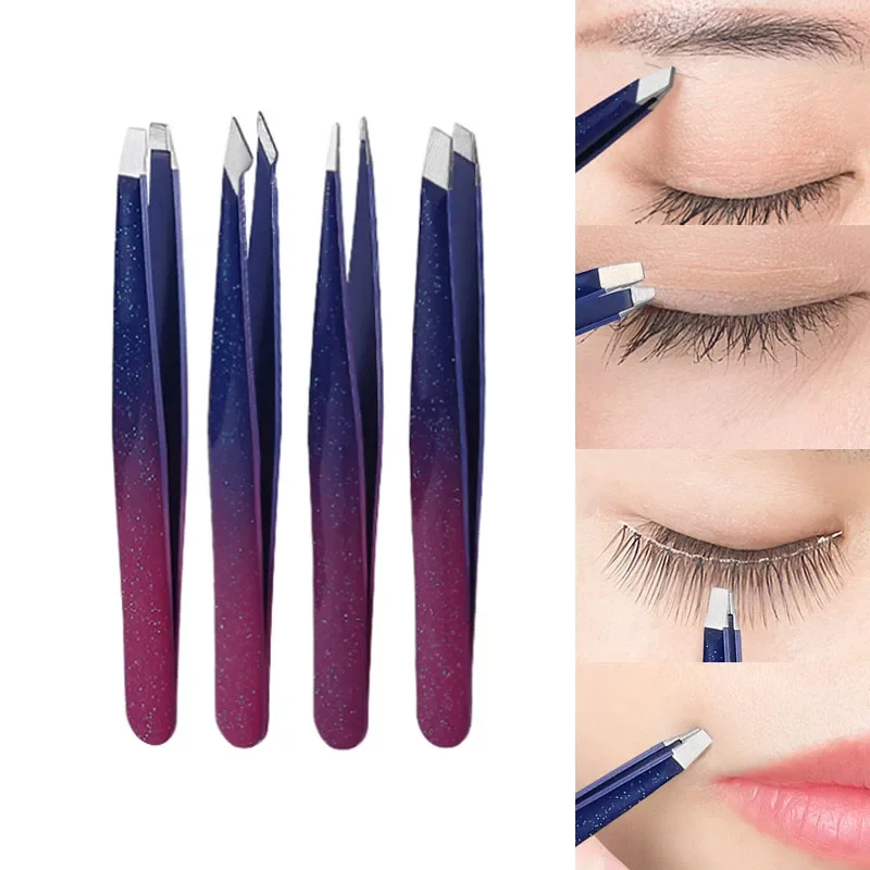 4 Styles Precision Eyebrow Tweezers Stainless Steel Fine Hairs Puller Flat Slant Tip Eye Brow Clips Hair Removal Makeup Tools