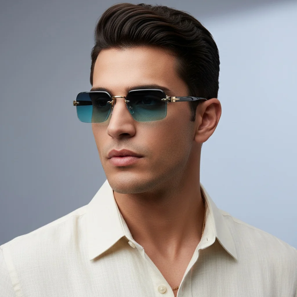 Luxury Rimless Sunglasses, Metal Hinge Exquisite Craftsmanship, Gradient Lenses Sun Protection Sunglasses 823