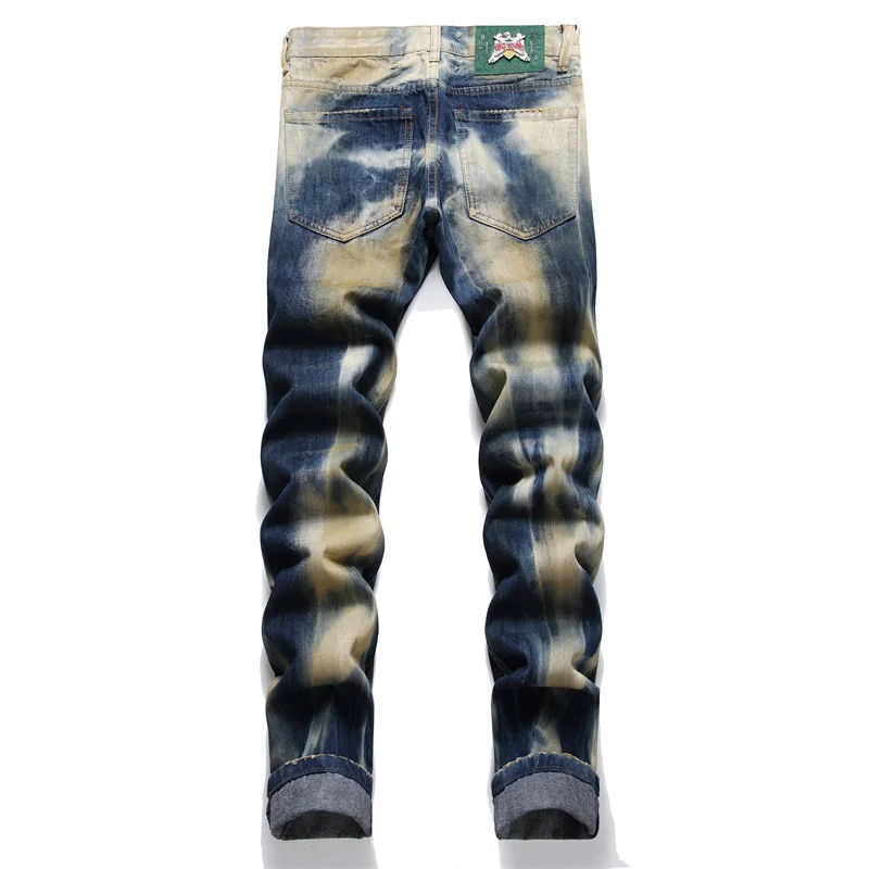 2024new men's fashion trendy vintage jeans men's slim stretch ripped light straight-leg motorcycle trousers