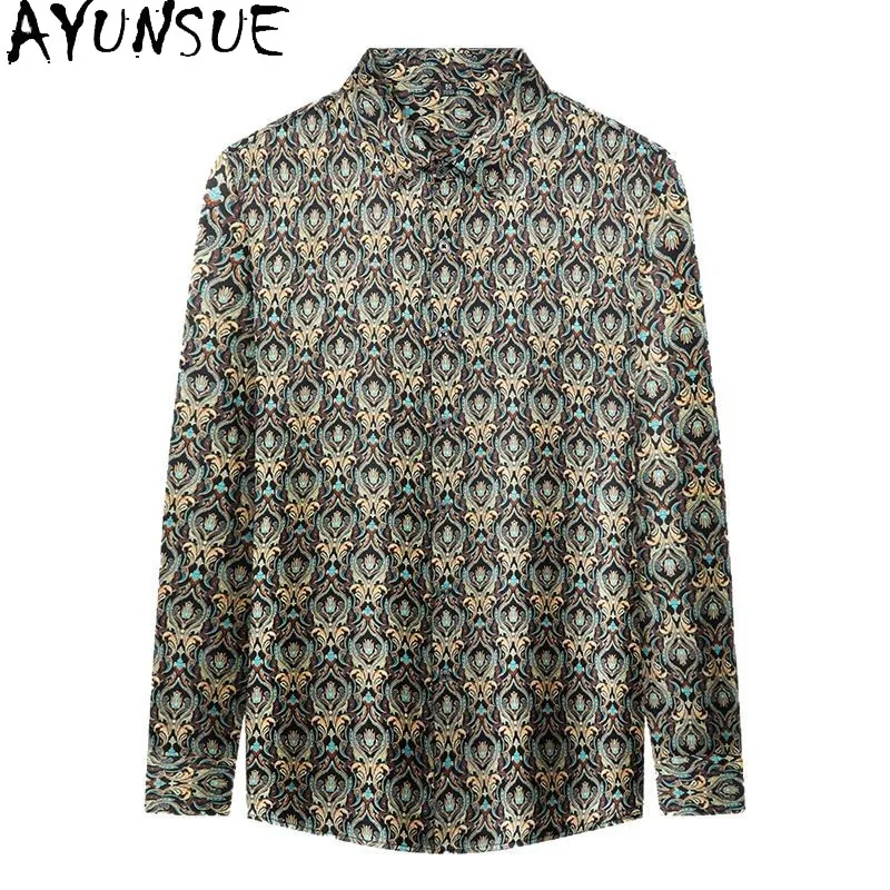 

AYUNSUE 93% Natural Mulberry Silk Shirts for Man High Quality Satin Tops Fashion Long Sleeve Shirts Men Clothing Casual Lapel
