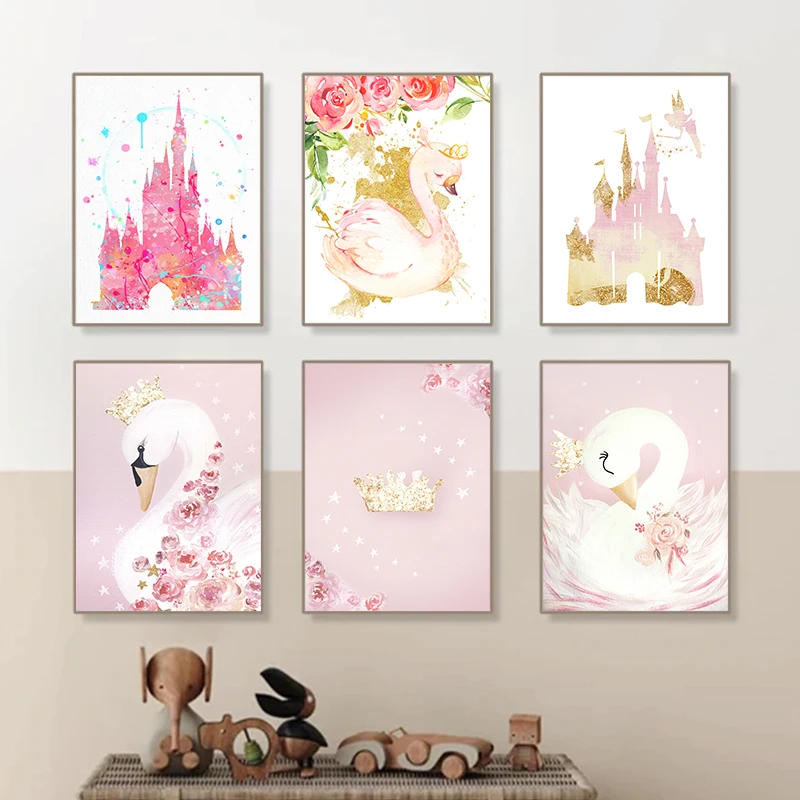 Swan Princess Canvas Art Print Nursery Decor Watercolor Swan Flower Blush Gold Canvas Painting Baby Girls Room Decoration