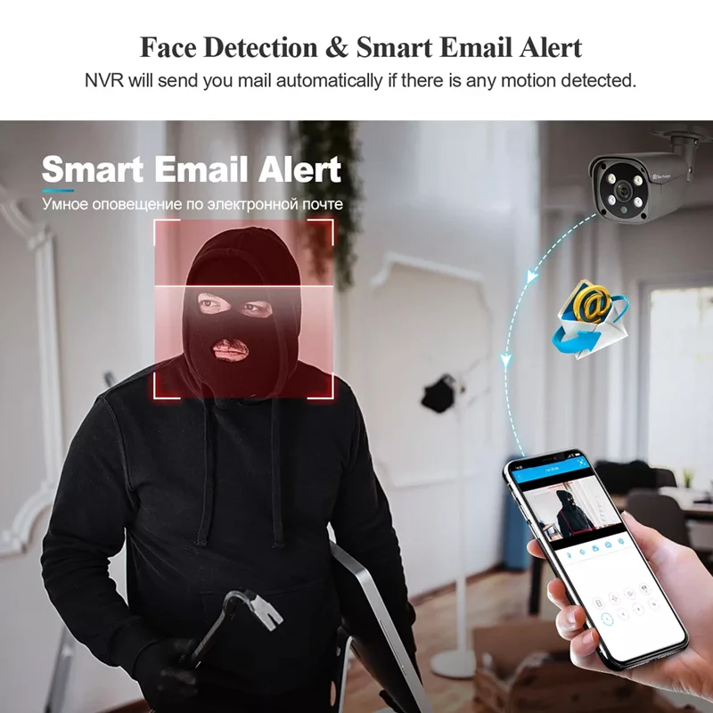 Sistem Keamanan Rumah Techage Deteksi Wajah 5Mp CCTV NVR Kit Kamera PoE Luar Ruangan dengan Mikrofon